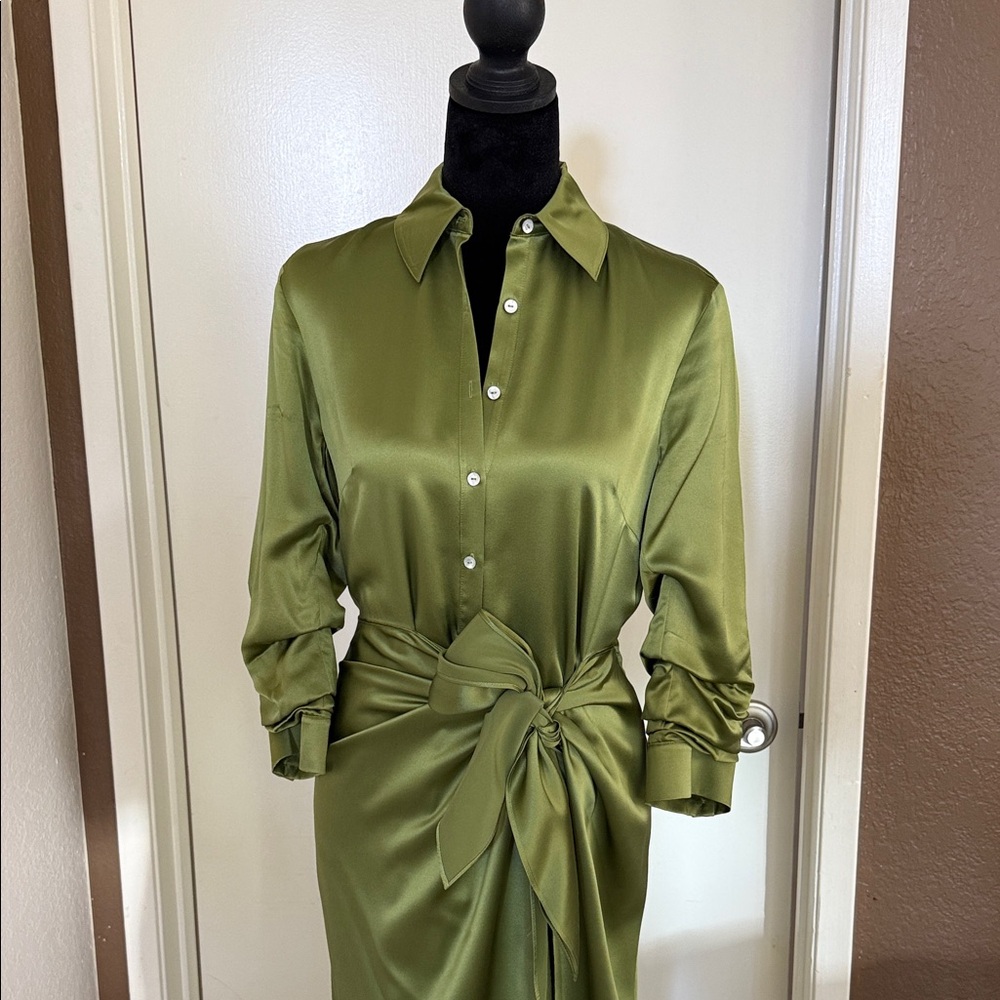 cinq a sept Olive Satin Tie-Waist Shirt Dress